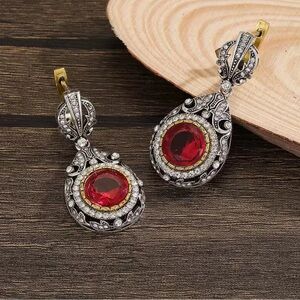 2 tones vintage crystal Silver and Red Teardrop Earrings
